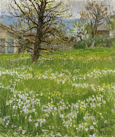 Germaine Hainard-Roten, Le verger aux cardamines,<br /> Bernex, 1977, huile sur toile - Copyright Fondation Hainard